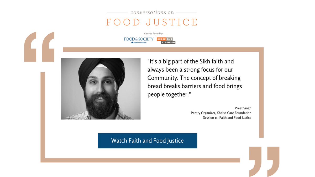 AspenFood's tweet photo. "The concept of breaking bread breaks barriers and food brings people together." Preet Singh from Khalsa Care Foundation shared what drives his work in our Faith episode of Conversations on Food Justice. 
➡Watch the session: https://t.co/jnxfIKDkqP
@CKummer @NoKidHungryVA https://t.co/zoubVwDw07