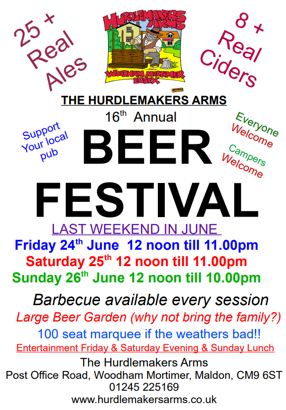 The Hurdlemaker Arms in Woodham Mortimer near #Danbury is holding a #Beer Festival at the end of #June

Get down and enjoy a nice pint! 

#CheersChelmsford 🍻

🍺♥️
#Chelmsford 
#Essex