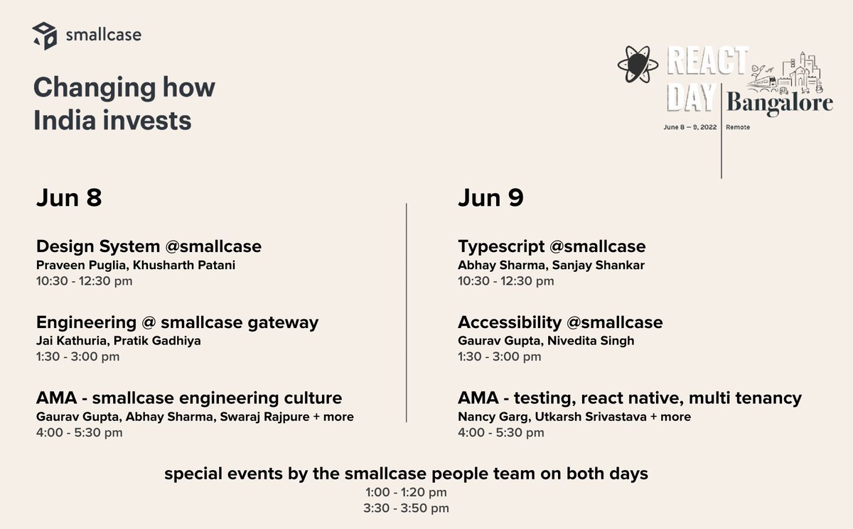 smallcasetech's tweet image. Join us in the @ReactDayIn virtual booth on Jun 8-9 where we would be running open discussions and AMAs around topics which complement the preceding and succeeding talks and in general about FE engineering at smallcase. Also catch the @smallcaseHQ people team during the breaks!