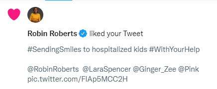 Caitlins_Smiles's tweet photo. OMG @RobinRoberts liked our tweet! First celebrity like! If you are ever in central PA, look us up, Robin! We'd love to show you around & tell you about our outreach to children in hospitals. We serve 17 hospitals in NYC alone! Close to 200 overall.
#SendingSmiles #WithYourHelp https://t.co/Idi5KCgtBP