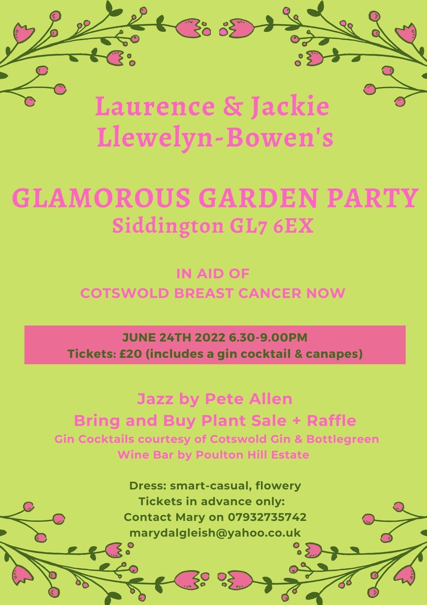 Please come and support our local Cotswolds branch of Breast Cancer Now and raise vital funds. It’s always a very jolly evening in our garden with lots of lovely people. (It’s also our 33rd wedding anniversary which is one way of ensuring <a href="/LlewelynBowen/">Laurence Llewelyn-Bowen</a> is there!).