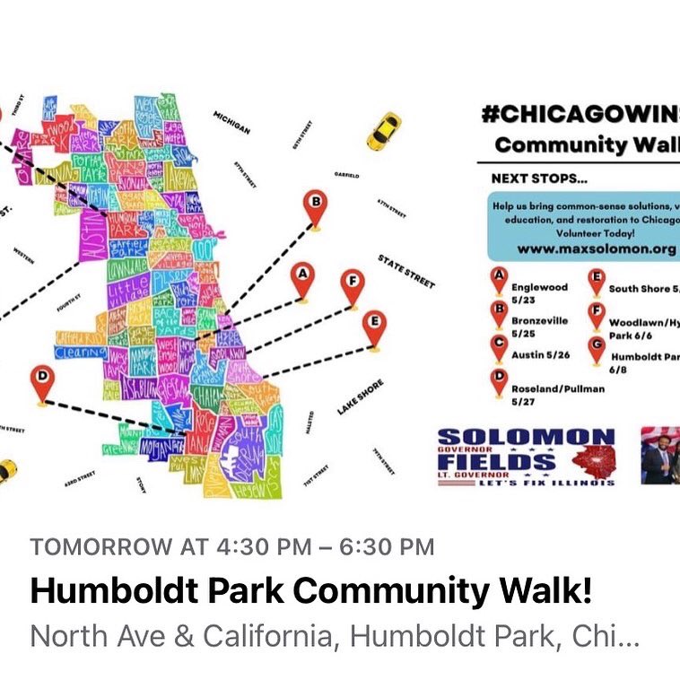 TeamIllinois1's tweet photo. Happening June 8th #ChicagoWins #CommunityWalk Humbolt Park Neighborhood Chicago IL, Cook County 💪🏽 Let’s Go #Chicago #vote @MmaxSolomon & @LatashaHFields https://t.co/HyHsfRPd20 #solomonfields4il https://t.co/9kl7Gkf5vZ