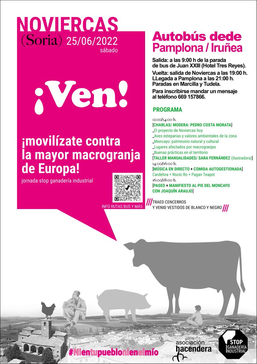 MOVILIZACIÓN CONTRA LA MAYOR MACROGRANJA DE EUROPA 🐮🐷🐤

25 JUNIO 
🚌Autobús Pamplona-Marcilla-Tudela>Noviercas
Salida 9:00h, vuelta a las 19:00

✏️Para apuntarte:  docs.google.com/forms/d/e/1FAI…

#StopGanaderiaIndustrial

Te esperamos❗️

➕ INFO! stopganaderiaindustrial.org/jornada-contra…