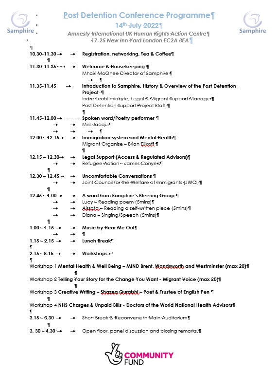samphire_'s tweet photo. Thurs 14 July 10.30
Conference by &amp; for people post immigration detention
Human Rights Action Centre @AmnestyUK 
With @migrantsorg @JCWI_UK @englishpen @DOTW_UK @MindBWW @MigrantVoiceUK @RefugeeAction @hearmeoutuk 
https://t.co/FpkOzhCnHu #Time4ALimit #EbE https://t.co/KUJIUFhkG7