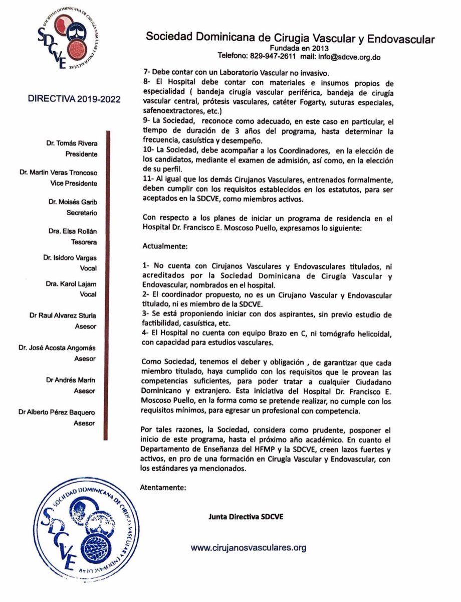 SDVascular's tweet photo. Posición de nuestra #SDCVE sobre programa de especialidad en Cirugía Vascular Periférica y Endovascular de la Unphu a impartir en el Hospital Francisco Moscoso Puello. 

#VascularesRD https://t.co/PimIfOTWF5
