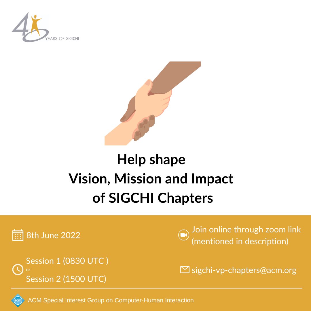 pranjal jain | प्रांजल (@pranjal_hci) on Twitter photo Invitation to attend SIGCHI Chapters Meeting to help shape vision, mission and impact.
To accommodate people across the world <a href="/sigchi/">ACM SIGCHI</a> is conducting two sessions: 1⃣Session 1 (0830 UTC) 2⃣ Session 2 (1500 UTC).
Find zoom link🔗 to attend sigchi.org/event/sigchi-c…
#sigchi Invitation to attend SIGCHI Chapters Meeting to help shape vision, mission and impact.
To accommodate people across the world <a href="/sigchi/">ACM SIGCHI</a> is conducting two sessions: 1⃣Session 1 (0830 UTC) 2⃣ Session 2 (1500 UTC).
Find zoom link🔗 to attend sigchi.org/event/sigchi-c…
#sigchi