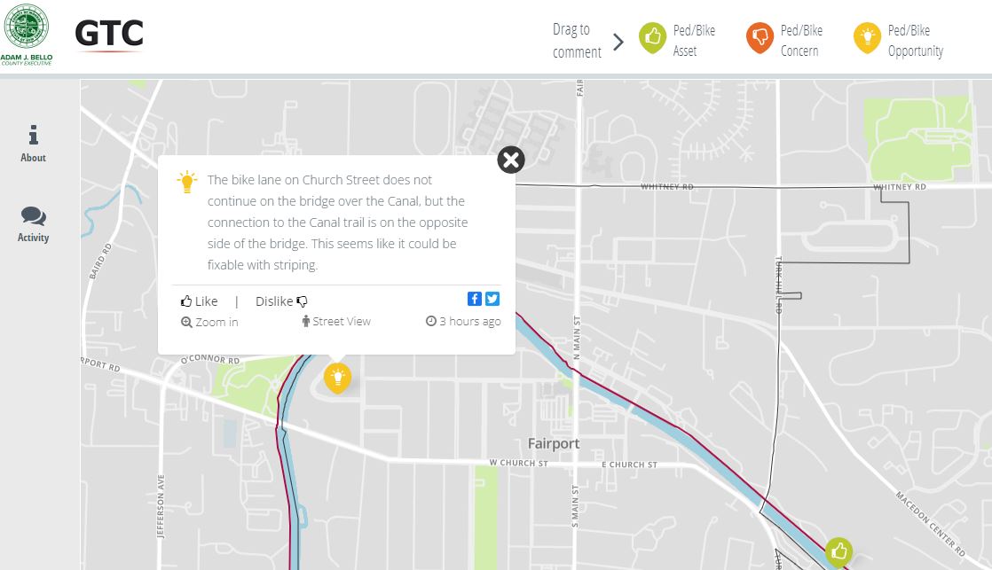 The @GTCMPO and @CountyExecBello are seeking input on the Monroe County #Active #Transportation Plan. Input is easy! Go to the interactive map at bit.ly/3NtkDkM to add your comments about #Fairport #walkability #biking #safety