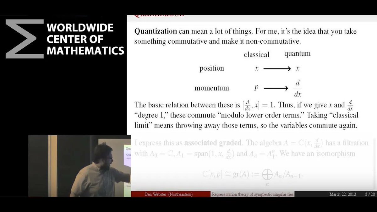 centerofmath's tweet image. Welcome to 2022: A Center of Math Review. The #centerofmath research lecture series. This week it&apos;s Ben Webster - Representation theory of symplectic singularities
Abstract: bit.ly/3uZV7Nc
Video: bit.ly/385SzUJ