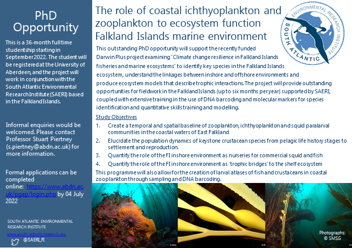 #PhDopportunity on coastal zooplankton with <a href="/UoABioSci/">School of Biological Sciences</a> and <a href="/SAERI_FI/">SAERI</a> !
Don't miss this awesome opportunity to work in the #Falklandislands!
For more information 👇
bit.ly/39awEwx

<a href="/OSUCEOAS/">CEOAS - Oregon State</a> <a href="/shallow_marine/">SMSG</a>  <a href="/georgiaseafoods/">Georgia Seafoods</a> 
<a href="/BAS_News/">British Antarctic Survey 🐧</a> <a href="/FalklandsGov/">Falkland Islands Gov</a> @Darwin_Defra