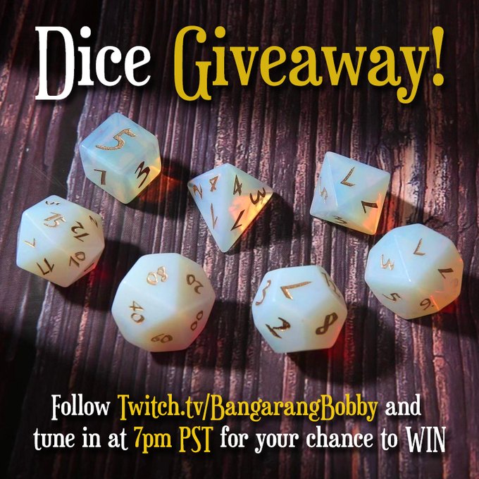 🎲 Dice Giveaway 🎲

Head to twitch.tv/bangarangbobby and tune into the <a href="/TheAlmostHeroes/">Almost Heroes</a> D&amp;D 5E stream Tuesday @ 7PM PST for chance to WIN a set of gorgeous handmade Dice!

#DiceGiveaway #dicegoblin #dndgiveaway #dice #giveaway #twitchgiveaway #streamgiveaway #dnd #twitchstreamers