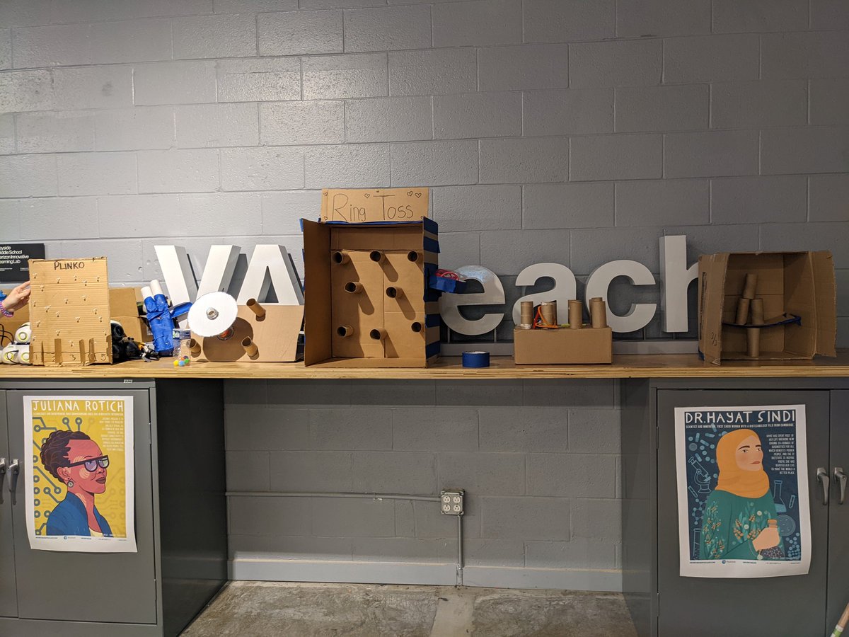 MsYaple's tweet photo. What a better way to celebrate the end of the year in the lab than with a carnival! Students prototyped carnival games their way with recycled materials - ring toss, plinko, know them down, and basketball! So much fun was had @BaysideMSVBCPS  #STEMeducation https://t.co/7VA7f2rQPo