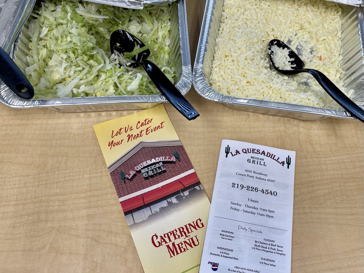 Our team gathered to catch up on the latest events, resources and more to serve and assist our region entrepreneurs over lunch.
Grilled chicken tacos, cheese quesadillas, refried beans and chips with salsa and guac were on the menu from client La Quesadilla Mexican Grill.