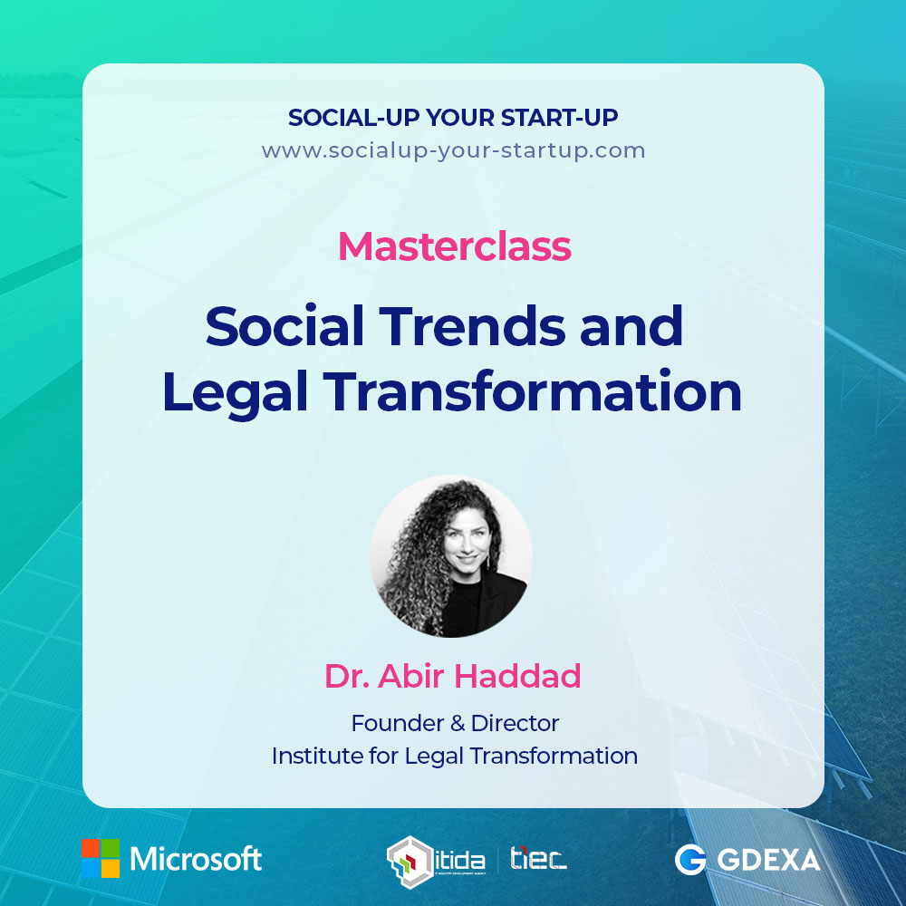 GDEXA1's tweet photo. #Round2 of our #masterclass series for Egyptian #socialimpact startups.
We are very proud to have @DrAbirHaddad with us today for our 2nd Masterclass. She will talk about the hot topic "Social Trends &amp; Legal Transformation".

#socialup #socialentrepreneurship #positiveimpact https://t.co/kNQQcSRHQF