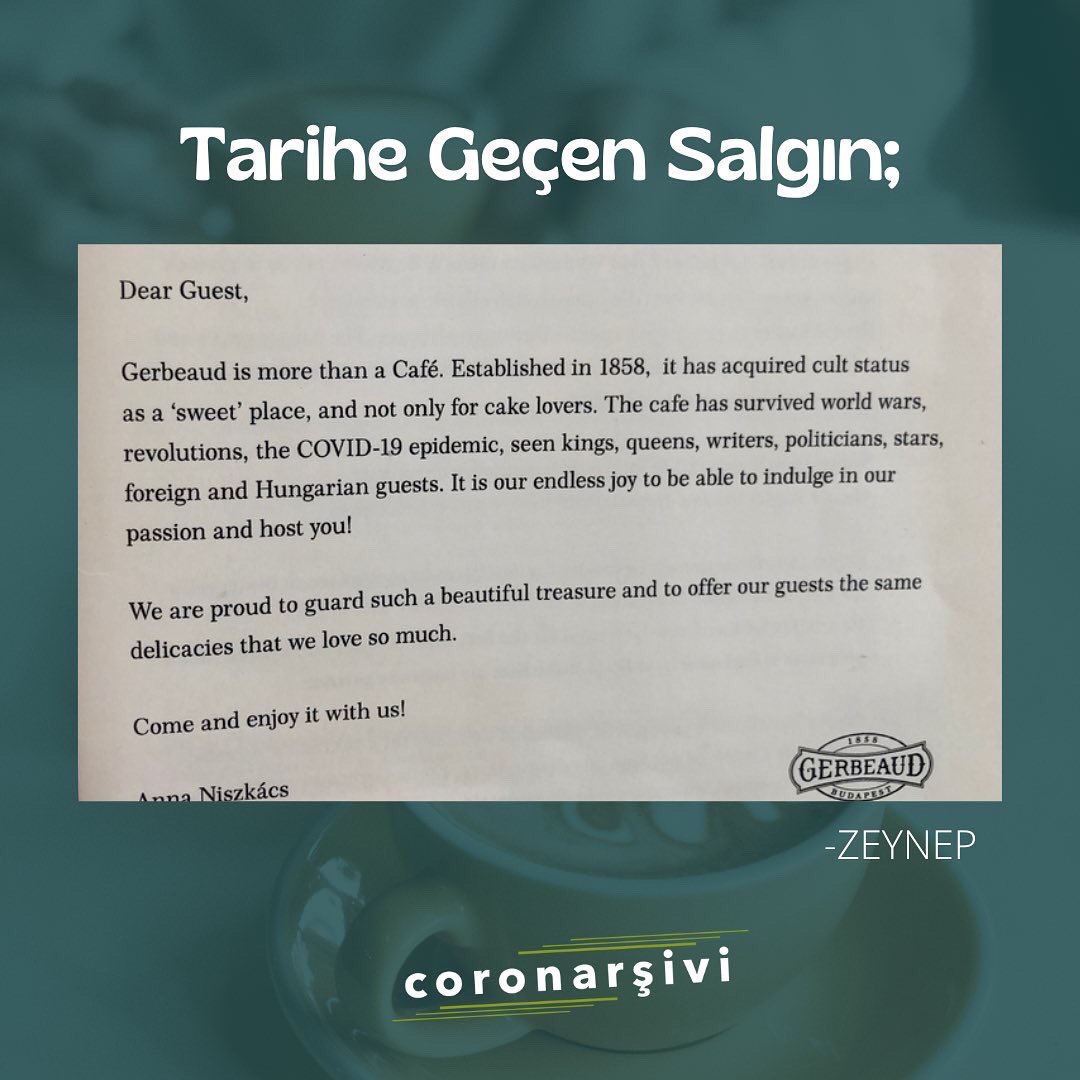 coronarsivi's tweet photo. Budapeşte’nin en eski kafelerinden biri olan “Gerbeaud” Cafe’de, menü kartının başında yazan not yüzleri güldürüyor ve aynı anda hüzünlendiriyor. 
Tarihe geçecek veya geçmiş olan bu COVID salgını, dünyanın her yerinde dillerde.

#corona #coronarsivi #collectingcorona #salgın https://t.co/mbQqAsFfMO