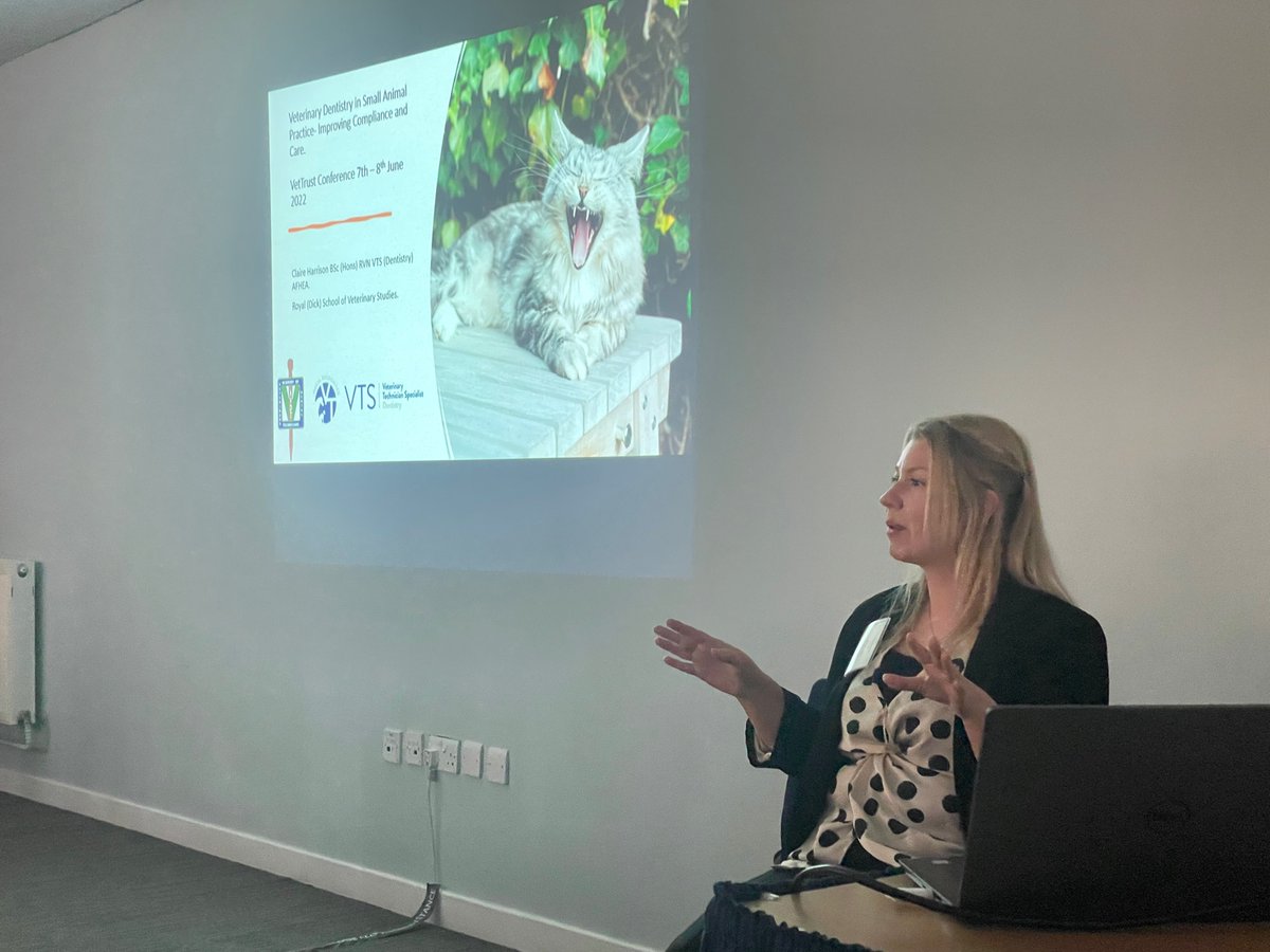 Claire Harrison closes the companion animal
Stream at Vettrust on day one speaking about veterinary dentistry . ‘Great to have vets and RVNs in the same room’, we agree Claire, it’s great to be learning together #VETtrust2022 #vetnurseawarenessmonth