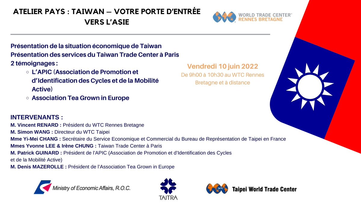 📌Nouvel Atelier Pays : Taiwan – votre porte d’entrée vers l’Asie
📅Vendredi 10 juin, de 9H00 à 10H30, à la CCI d’Ille-et-Vilaine et à distance !
Inscription et programme ⬇ :
wtc-rennes-bretagne.com/en/events/atel…