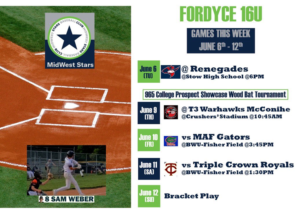 Games this week June 6th-12th
Tuesday <a href="/Diamondleaguebb/">diamondbbleague</a> Game Vs <a href="/Renegades2024/">Rick Coulson</a> at Stow MF HS 6pm 
965 College Prospect Showcase Wood Bat Tourny 
Thursday vs <a href="/T3_Warhawks/">T3 Warhawks</a> at Mercy Health Stadium 10:45am 
Friday vs <a href="/MAFGators/">MAF Gators</a> at BW 3:45pm
Saturday vs <a href="/TCR_Baseball/">Triple Crown Royals</a> at BW 1:30pm