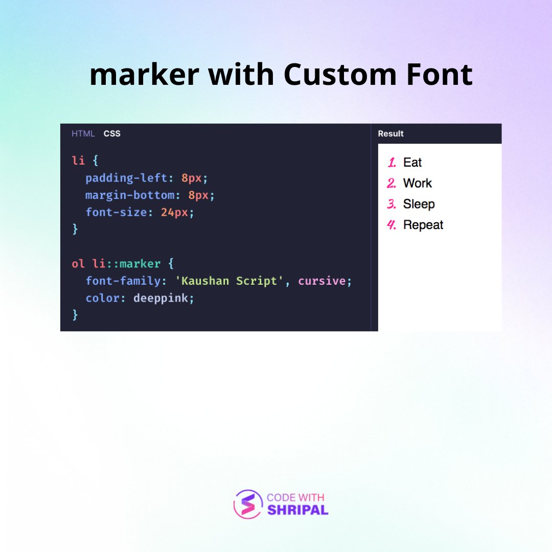 Changing style of the bullet/number marker of list item is made very easy now in CSS. How? Using ::marker pseudo-element ✨ Learn all about :: - Thread from Shripal Soni @codewithshripal - Rattibha Changing style of the bullet/number marker of list item is made very easy now in CSS. How? Using ::marker pseudo-element ✨ Learn all about :: - Thread from Shripal Soni @codewithshripal - Rattibha