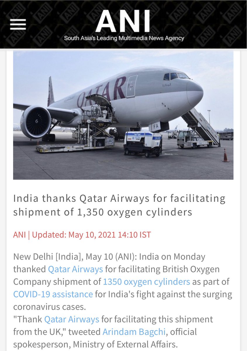 Raza_AKhan's tweet photo. #QatarAirways shipped 1350 oxygen cylinders to save precious lives in India during Covid crisis.

#ShameOnBJP for the hashtag #BoycottQatarAirways by its thankless &amp; shameless fringe elements. https://t.co/coKLq5NTVw