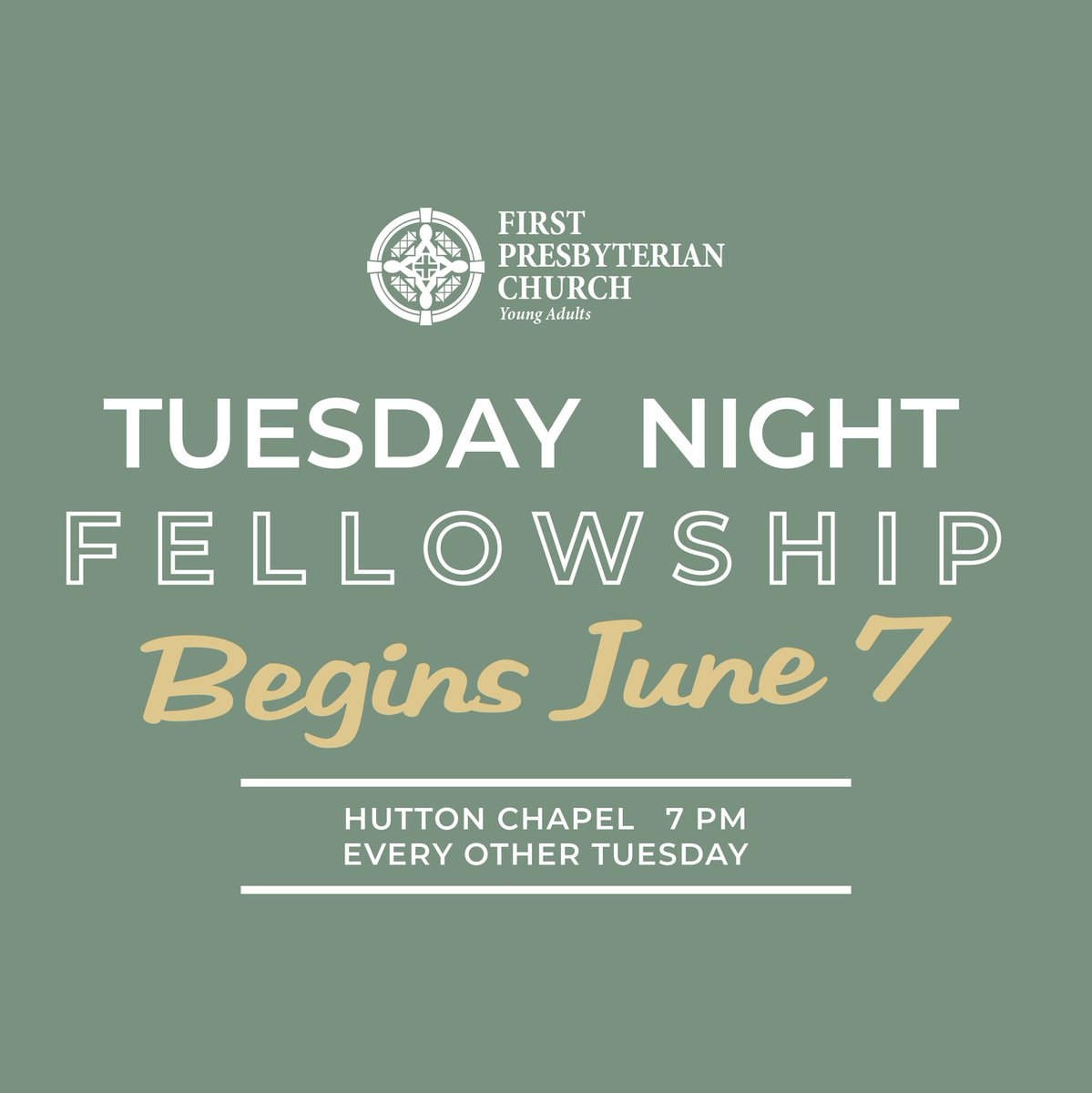 Tuesday Night Fellowship is back with @fpcjxnyoungadults! The Young Adults ministry is doing a Tuesday Night Fellowship with a teaching series every other week in Hutton Chapel at 7:00 p.m. We'll see you there!