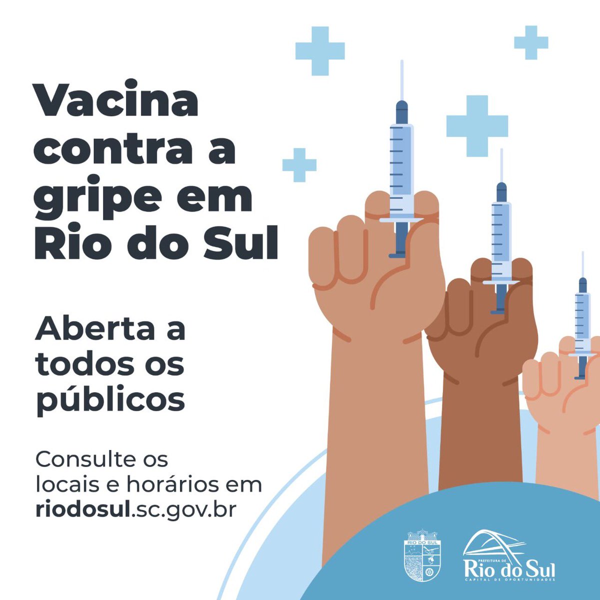 PrefRiodoSul's tweet photo. Liberou geral... Toda população pode tomar a vacina da gripe Influenza. Já mamães precisam ficar atentas com a vacina do Sarampo, abaixo da meta. E também tem vacina de reforço contra a Covid-19 para pessoas acima de 50 anos. 

Bora lá. 

#riodosul #sc https://t.co/sVQ1GtNPdD