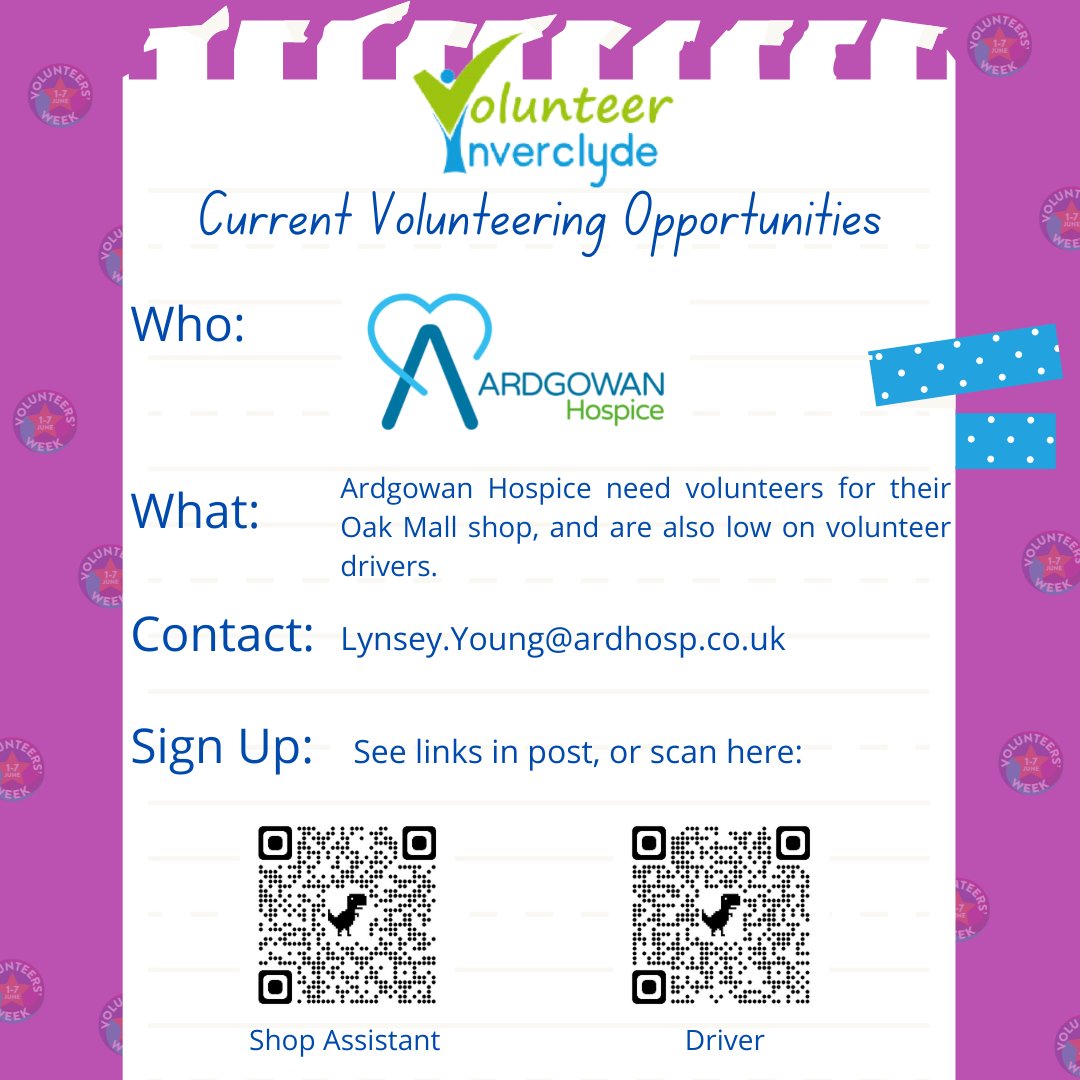 Current Volunteering Opportunities in Inverclyde! 🤝 @ArdgowanHospice need volunteers for their shop in the Oak Mall, and also need volunteer drivers. Volunteer Retail Assistant: volunteerinverclyde.com/volunteers/opp… Volunteer Driver: volunteerinverclyde.com/volunteers/opp… #VolunteersWeekScot