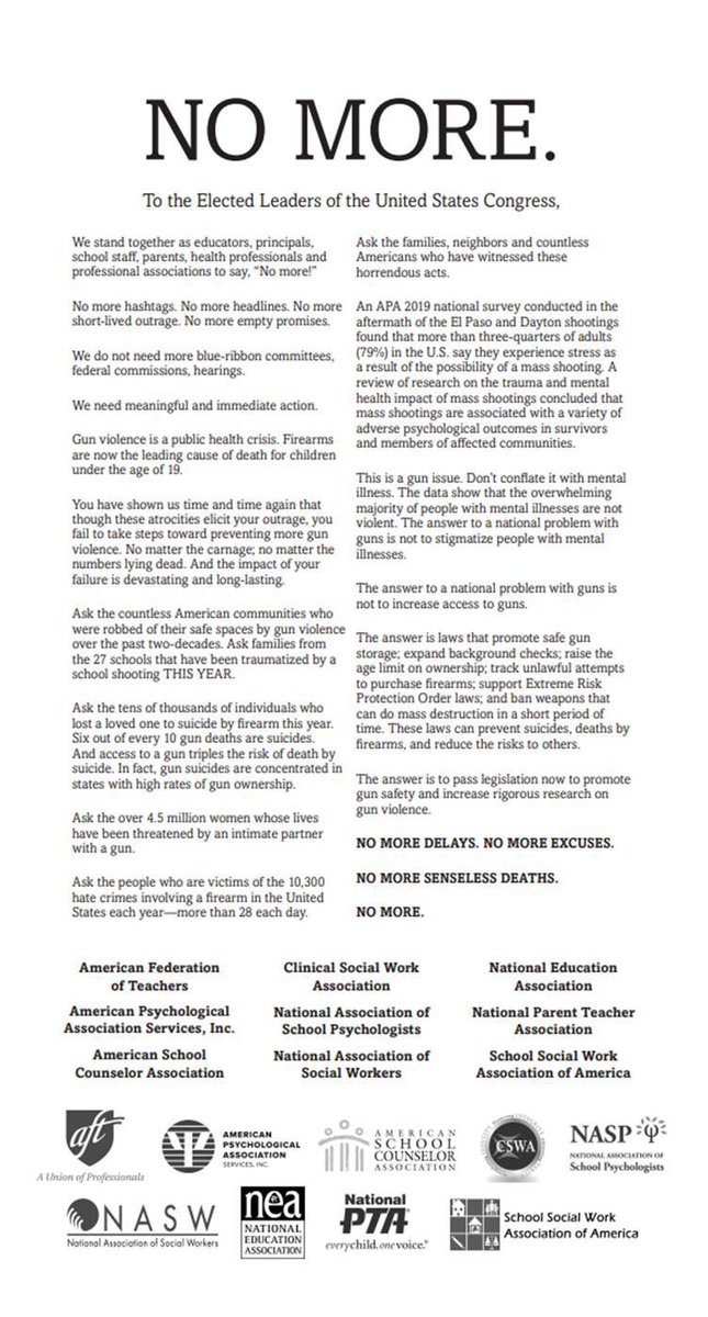 Counselor_Kirk's tweet photo. .@ASCAtweets partnered with professional organizations to put this one-page letter in today's issue of @USATODAY asking congressional leaders to pass legislation to promote gun safety &amp; increase gun violence research.Thank you for sending this urgent message to elected officials. https://t.co/AvBLR0LKC2