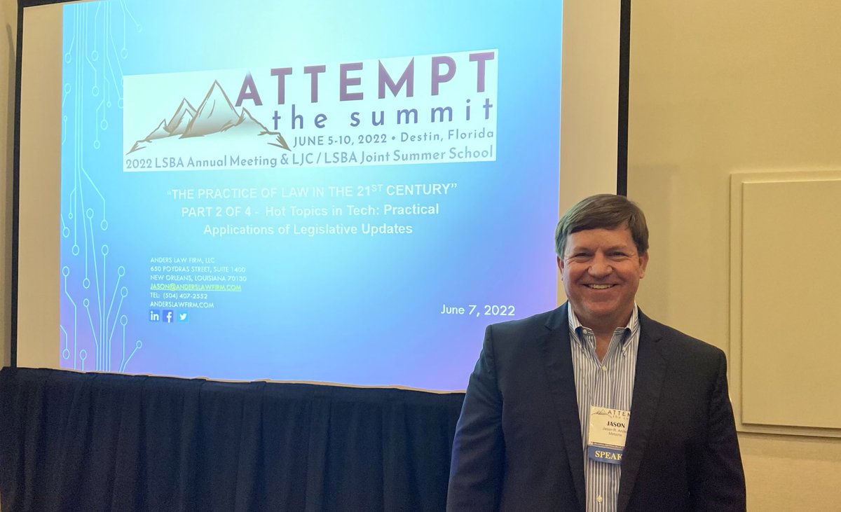 LouisianaBar's tweet photo. Jason R. Anders (@AttyJasonAnders) discusses the new e-service rules and more at “Hot Topics in Tech: Practical Applications of Legislative Updates.” #LSBA2022 https://t.co/vkkONXWpqR