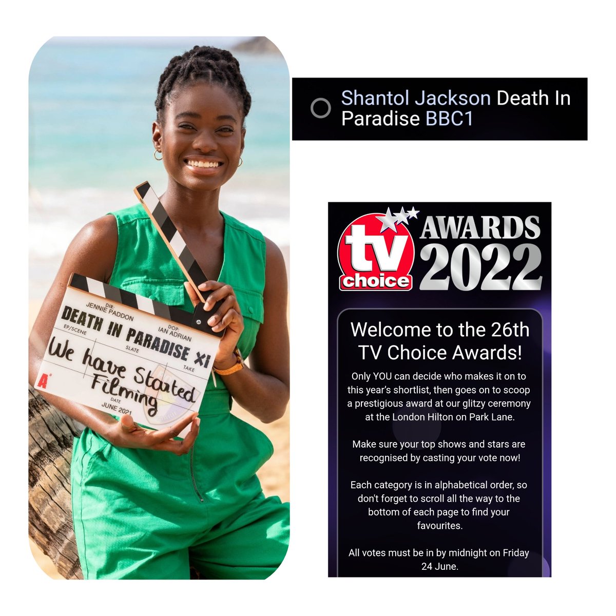 Twitter unu come here! In her debut season Shantol Jackson is on the long list for Best Actress in a series for the TV Choice Awards. She needs votes before June 24 to make it to the shortlist. Me no need fi say anything else? Who say votes! Come through with the click!