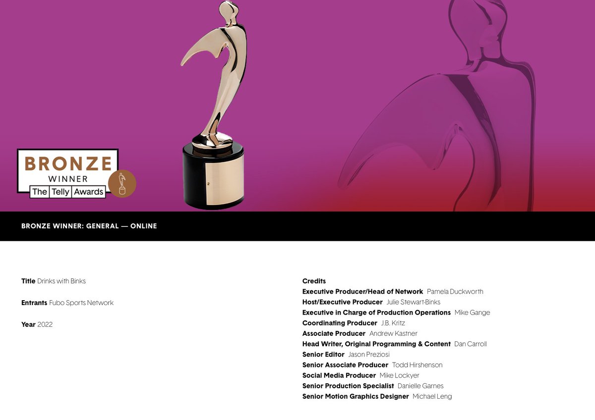 JSB_TV's tweet photo. Thrilled that my show #DrinkswithBinks has won another @tellyawards 🏆proud of this show and this group @fuboSports - the 3 Tellys we've won have come during the pandemic with everything done remotely. Couldn't have done it without out wonderful guests who gave us their time. https://t.co/LgycT8ZZbZ