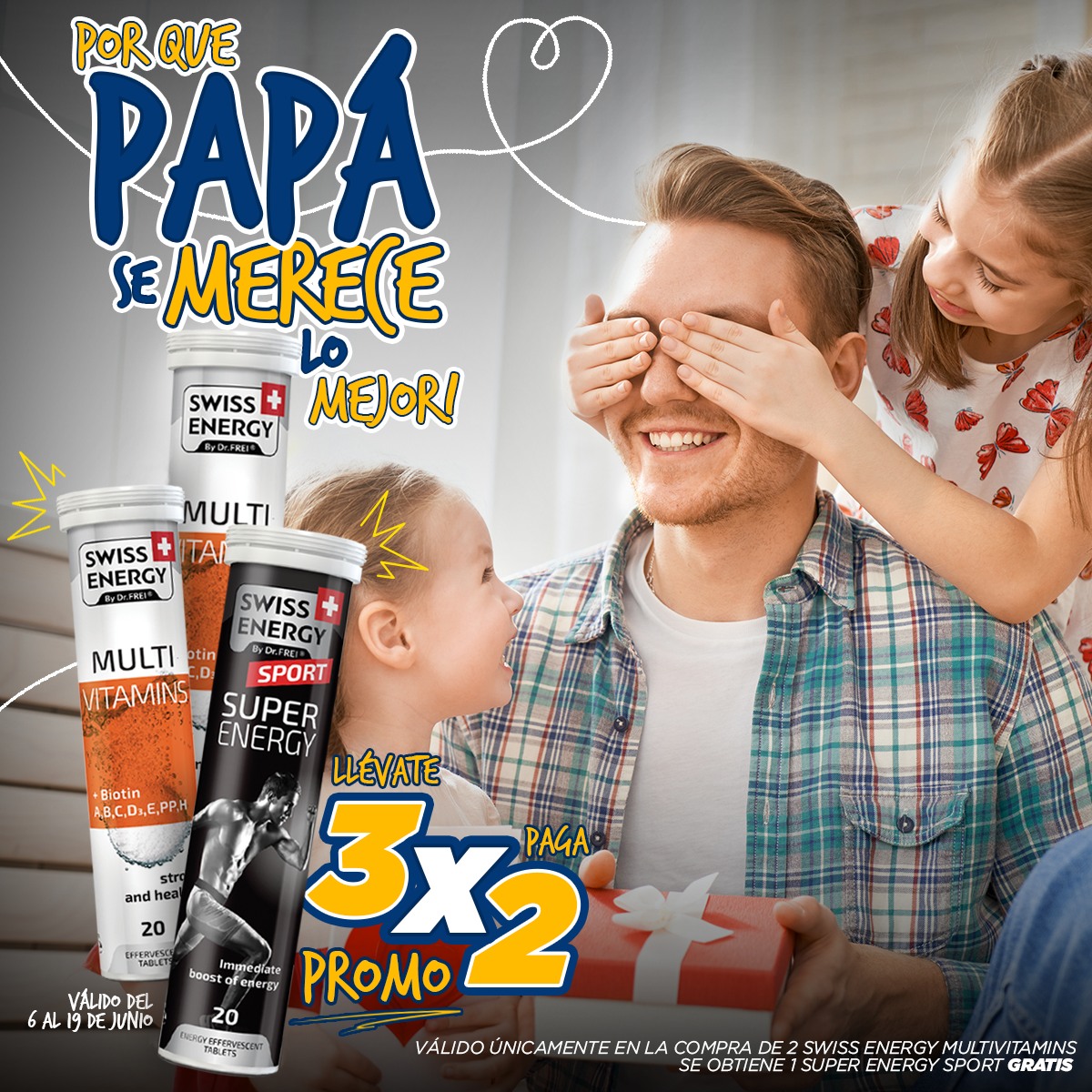 📣‼ #MEGA #PROMOCIÓN POR EL DÍA DEL PADRE‼😱
💟Llévate 3 y pagas únicamente 2, si así como lo leíste 🤯😲 por que papá se merece lo mejor!
*Aplica únicamente en la compra de 2 Swiss Energy Multivitamins se obtiene 1 Super Energy Sport #Gratis.
*Válido en @farmaciasdrfrei