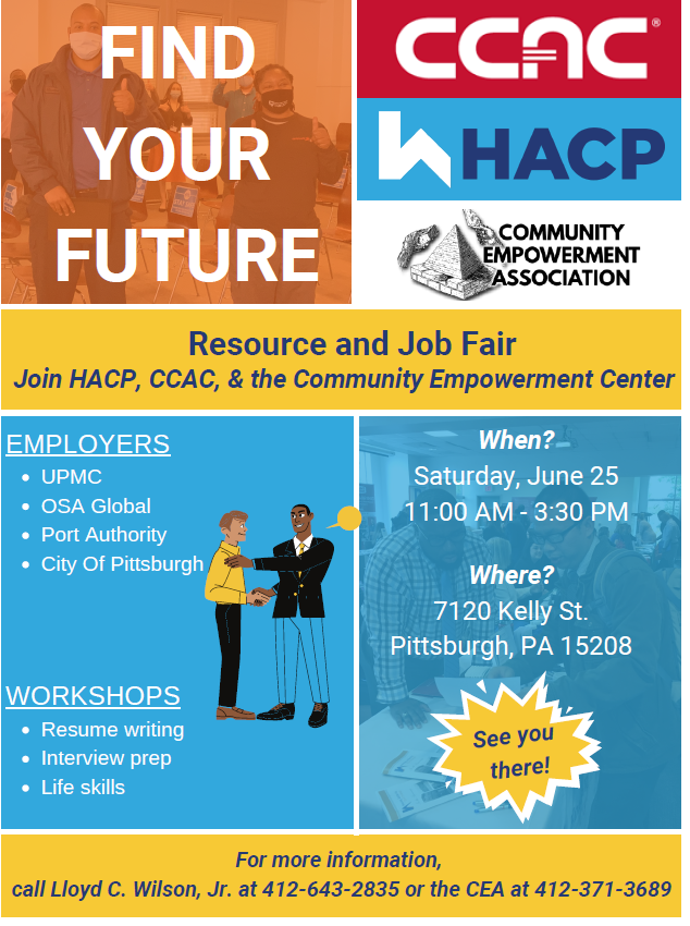 CareerCcac's tweet photo. Job Fair Alert!  Saturday, June 25 at the Community Empowerment Association in Homewood-Brushton.  11:00 a.m. - 3:30 p.m.  All are welcome to attend!  Employers interested in attending can contact Lloyd C. Wilson at 412-643-2835 or the CEA at 412-371-3689. https://t.co/Cr931iKP0q