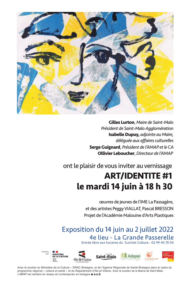 🖼️L'#IME La Passagère et l'#AcadémiedArtsplastiques vous convient au #vernissage de l'exposition art/identité #1
Soutenu par <a href="/ArsBretagne/">ARS Bretagne</a>, <a href="/VilleSaintMalo/">Ville de Saint-Malo</a> et le #ConseilDépartemental #IlleetVilaine, de la <a href="/VilleSaintMalo/">Ville de Saint-Malo</a>