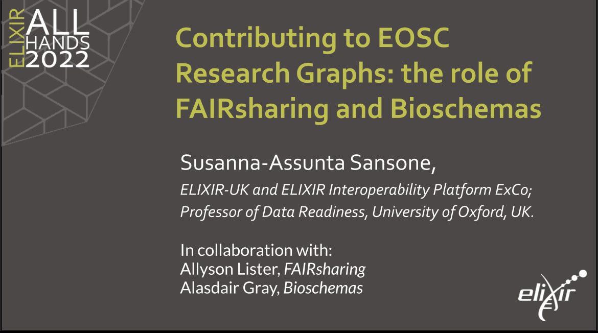 BioSchemas's tweet photo. SusannaASansone: #ELIXIR22 here is the preview of my #MyInteropStory on how @FAIRsharing_org and @BioSchemas interoperate with @OpenAIRE_eu to make @ELIXIREurope resources discoverable in the #EOSC #ResearchGraph - Full story (and slides) in tomorrow’s R… https://t.co/fq2En0hP69
