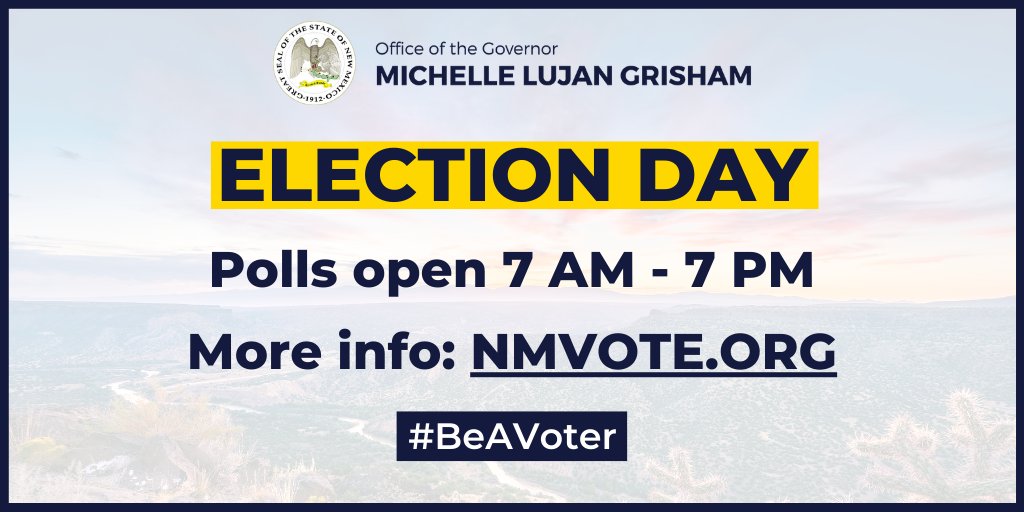 It's Election Day, New Mexico!

Voting is one of the most important rights and civil duties we have. Polls statewide are open until 7pm – make sure to get out and vote!

Find voting centers and more information at NMvote.org
#BeAVoter
