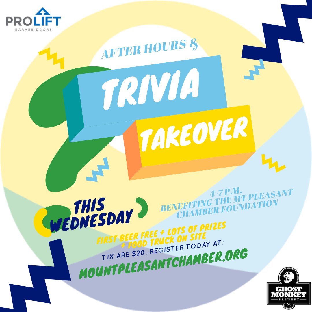Trivia Takeover &amp; After Hours tomorrow night at <a href="/GhostMonkeyBrew/">Ghost Monkey Brewery</a> benefitting the Mt Pleasant Chamber Foundation! Tickets are $20 + includes free beverage. tinyurl.com/afterhourstriv…