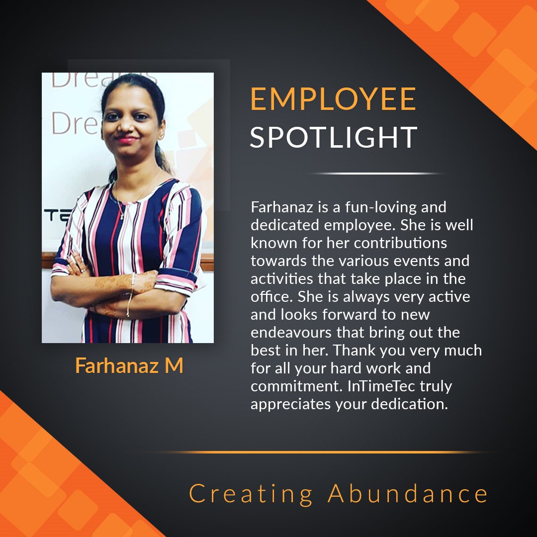 intime_tec's tweet photo. For today's #EmployeeSpotlight we are introducing Farahanaz. She is a fun-loving and dedicated employee. She is well known for her contributions towards the various events and activities that take place in the office. We are happy to have her on our team! #InTimeTec https://t.co/wKCCHTao4h