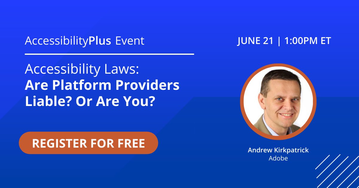 accessibility00's tweet photo. Andrew Kirkpatrick, Director of Accessibility at Adobe, W3C's AGWG Co-Chair, and WCAG 2.1 Editor will be presenting at our #AccessibilityPlus June event.
Register Here: https://t.co/opVmIKsFF4
#digitalaccessibility #websiteaccessibility #andrewkirkpatrick #wc3 #adobe #wcag https://t.co/YkYHj9RxlL