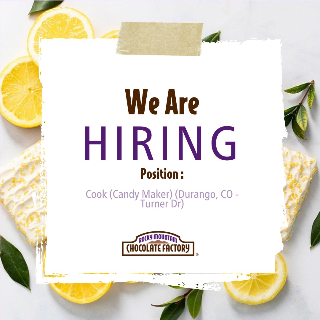 rockymtnchocinc's tweet image. Calling all candy makers, we're hiring!!

We are looking for a full-time, Cook (Candy Maker), available for immediate placement at Rocky Mountain Chocolate Factory in our Durango CO facility.

rmcf.com/Careers.aspx 

#candymaker #cook