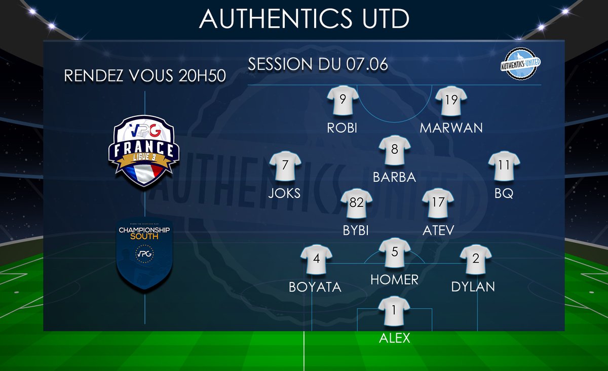 Ce soir , <a href="/VPGFrance_/">VPG France</a> et <a href="/VPGEurope/">Virtual Pro Gaming | Europe</a> <a href="/OfficialVPG/">Virtual Pro Gaming</a> 

🆚🇫🇷<a href="/BrixtonEsport/">SK Brixton</a> 
🆚🇪🇺Road To Glory 
🆚🇪🇺<a href="/TigerhawkEsport/">TIGERHAWK Esport</a> 
🆚🇫🇷@VA1929CP 

A suivre sur notre chaine dès 21h20 : twitch.tv/authentics_utd

Voici la compo de ce soir et bon match à tous :