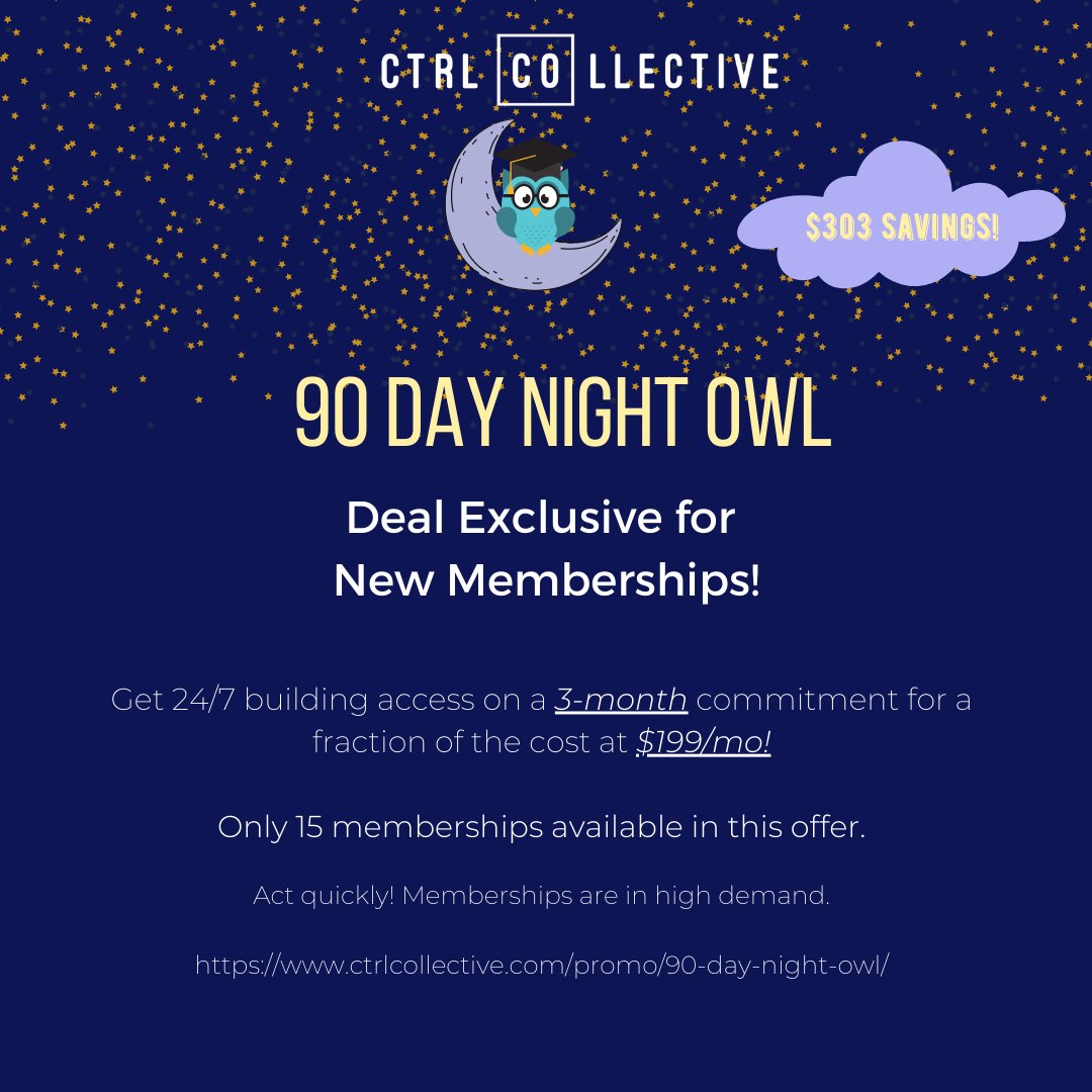 Working late and need a space to focus? Get 24/7 building access on a 3-month commitment for a fraction of the cost. Exclusive to new members. Act quickly! Memberships are in high demand.🦉

#coworking #pasadena #flexiblespace #nightowl #24/7 #ctrlcolletive #entrepreneur #startup