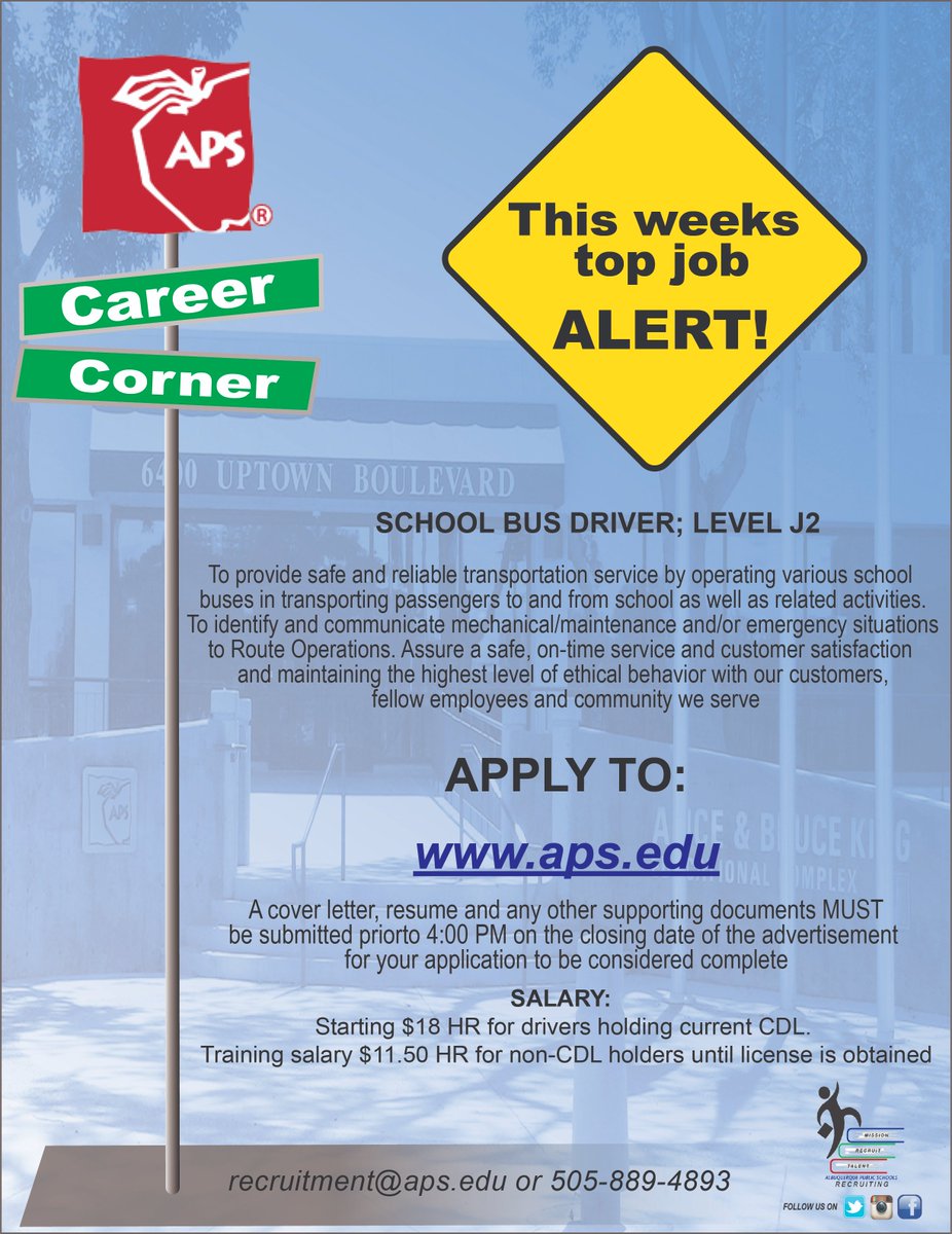 WANT TO BECOME A BUS DRIVER FOR ALBUQUERQUE PUBLIC SCHOOLS?

WE ARE HIRING!

JOIN US NOW AND YOU COULD BE DRIVING A SCHOOL BUS BEFORE THE 2022-23 SCHOOL YEAR STARTS!

FULL TRAINING PROVIDED TO SUITABLE APPLICANTS.

#busdrivers