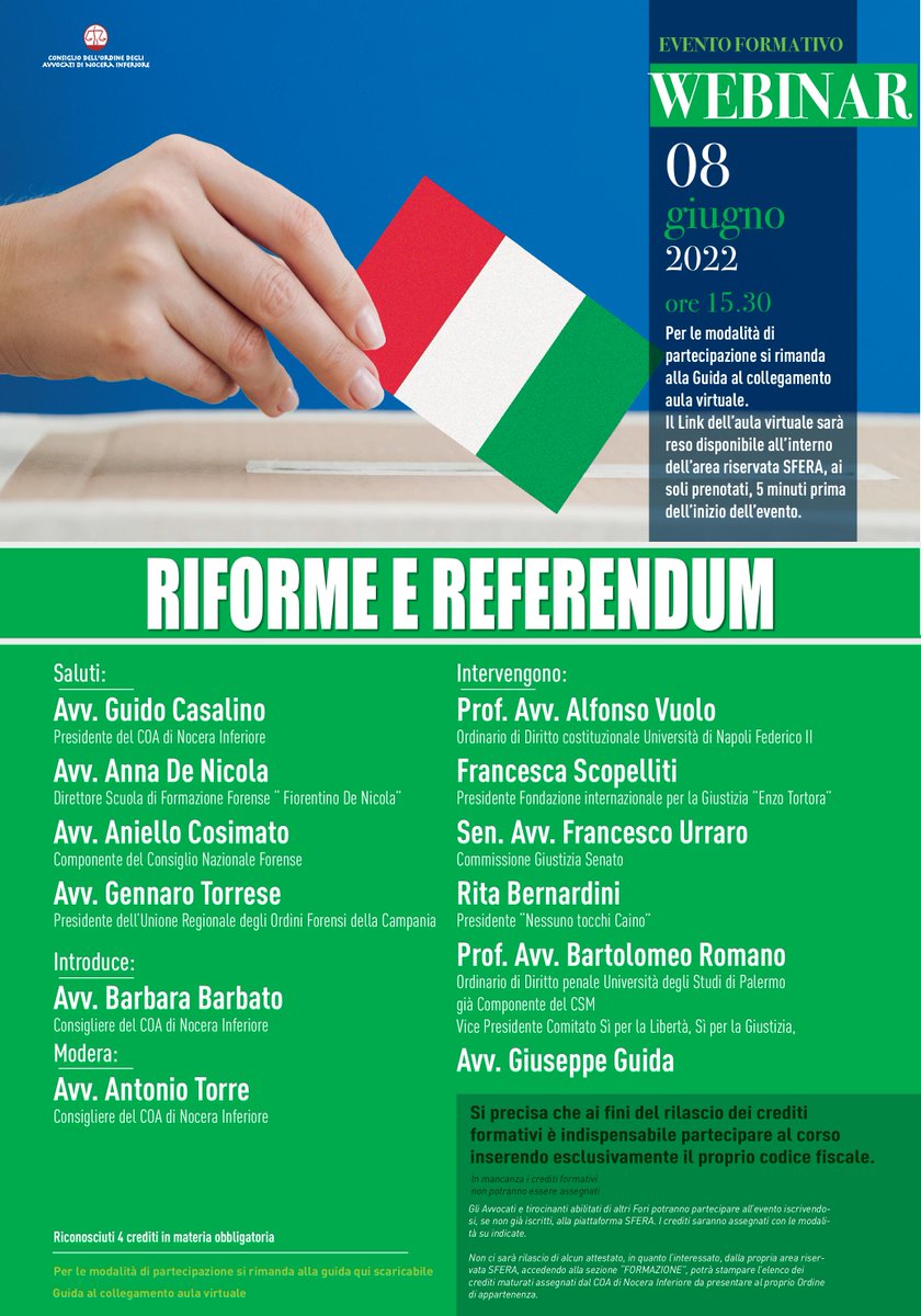 Mercoledì 8.6. alle 15:30, quale
Vice Presidente del <a href="/comitato_SI/">Comitato SI per la Libertà, SI per la Giustizia</a> (unsiperlagiustizia.it.), interverrò al #webinar su #Riforme e #Referendum sulla #Giustizia, organizzato da #Consiglio #Ordine #Avvocati di #NoceraInferiore.

#ANM
#CSM
#diritto
#lawyer