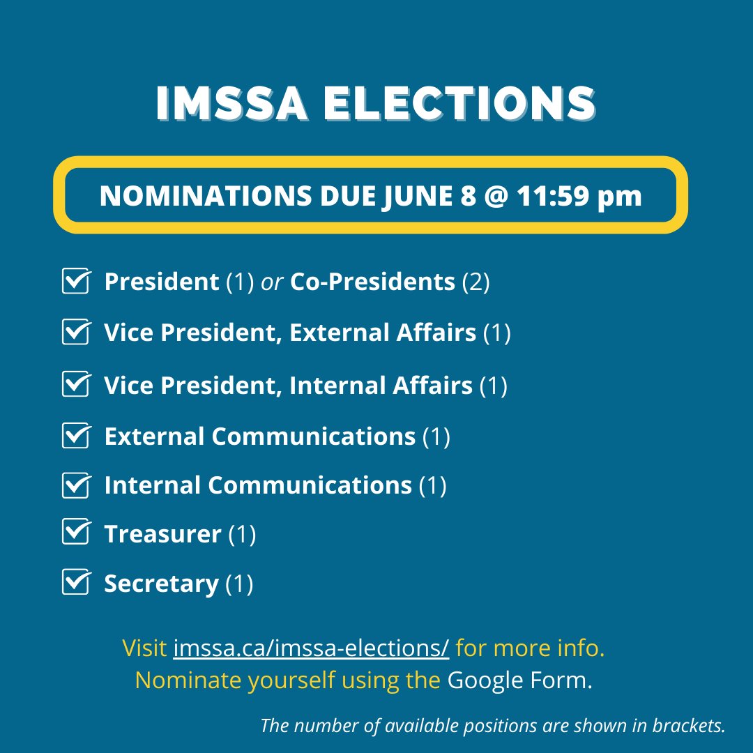 IMSSAuoft's tweet photo. 🚨🚨THE DEADLINE FOR THE IMSSA ELECTION IS TOMORROW!!!🚨🚨

Are you outgoing, innovative, and an efficient decision maker? Then the President or Vice-President position is perfect for you!

Are you dependable and have great communication skills? Try running for a comms position! https://t.co/s1lMjdUUIm