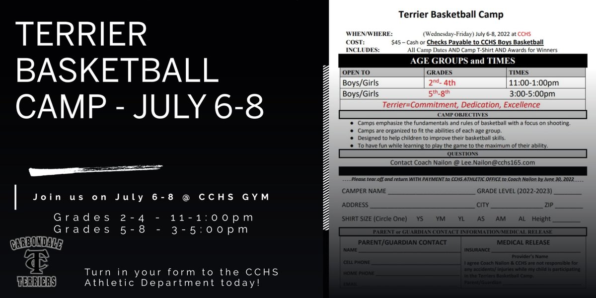 CCHSTerriers's tweet photo. Boys and Girls - Terrier Basketball Camp - July 6-8.  Two sessions.  Sign up today! @CCHS165 https://t.co/683Efg2wBh