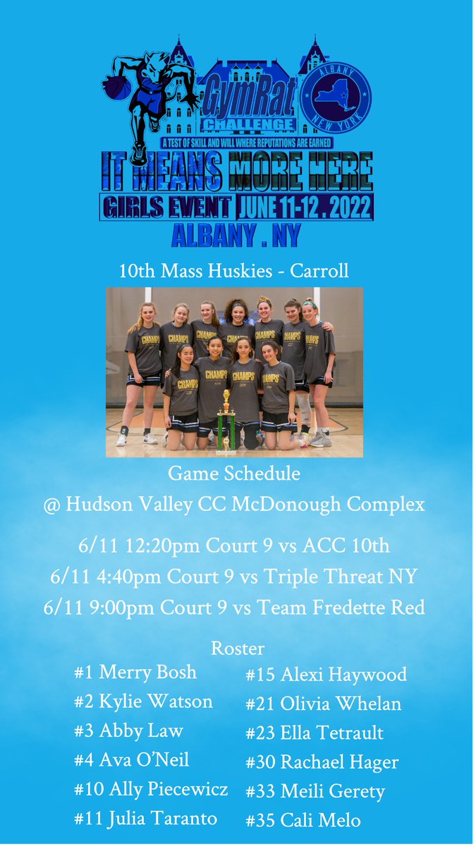 So excited to attend Gym Rat Challenge in Albany New York!! Here is my schedule for this weekend!!!!
<a href="/CoachHannah11/">Hannah Carroll</a> <a href="/BashHoopsNE/">Bash Hudson</a>