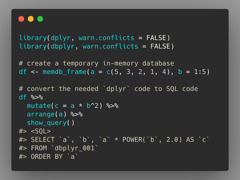 if you are fluent in {dplyr}  and wish to learn how to write SQL queries, it can be nifty to have a function that can provide a syntax translation between the two. 🔄
The `show_query()` function from {dbplyr} 📦does just that! 🤩
#rstats <a href="/tidyverse/">tidyverse</a> 

lnkd.in/effRvu2H