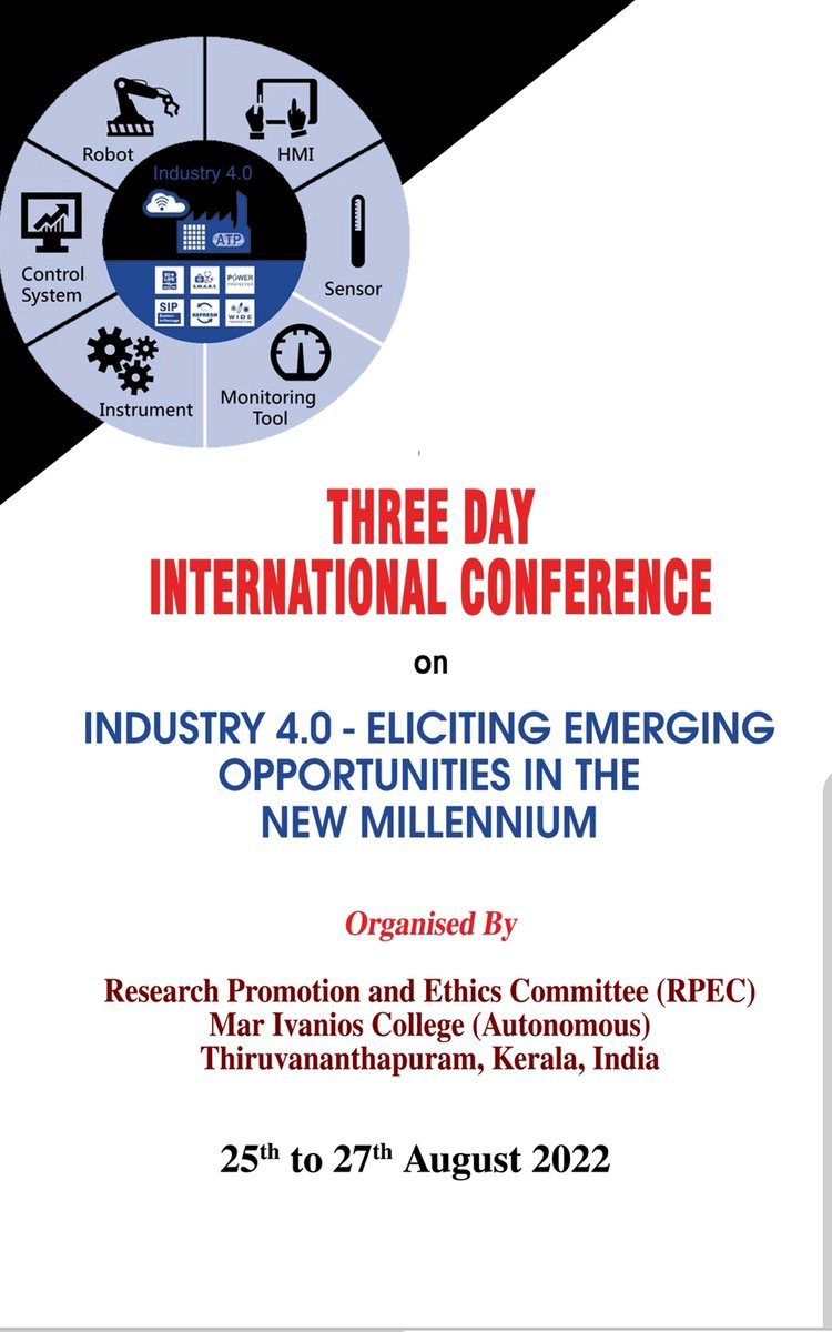 IvaniosMar's tweet photo. A Three Day International Conference On Industry 4.0-Eliciting Emerging Opportunities in the New Millennium is being organized by the Research Promotion and Ethics Committee and PG  &amp; Research Department of Commerce, Mar Ivanios College, Trivandrum. https://t.co/VEkVr47m3t
