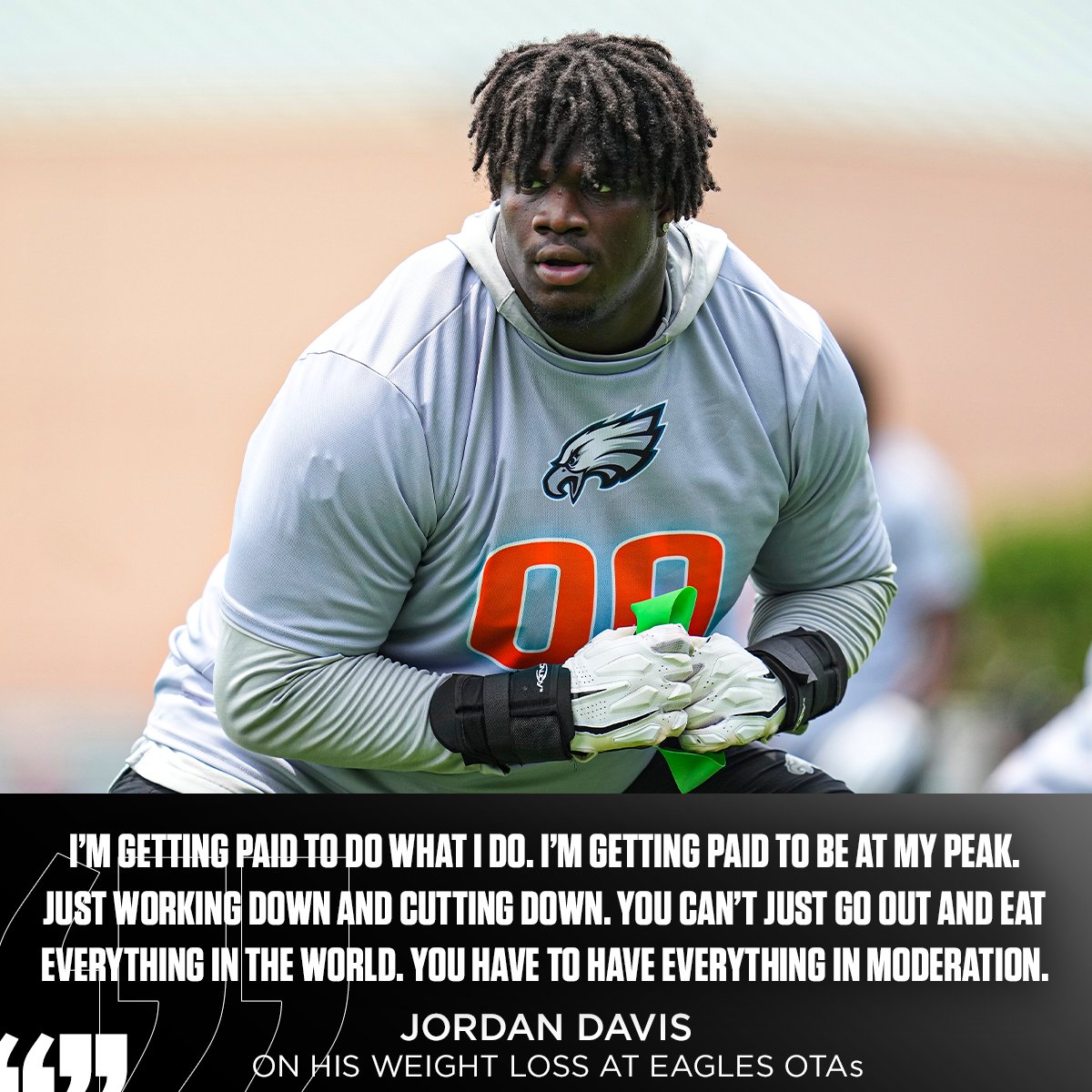 Eagles rookie Jordan Davis credits his hard work at OTAs for his weight loss since joining the team. #FlyEaglesFly