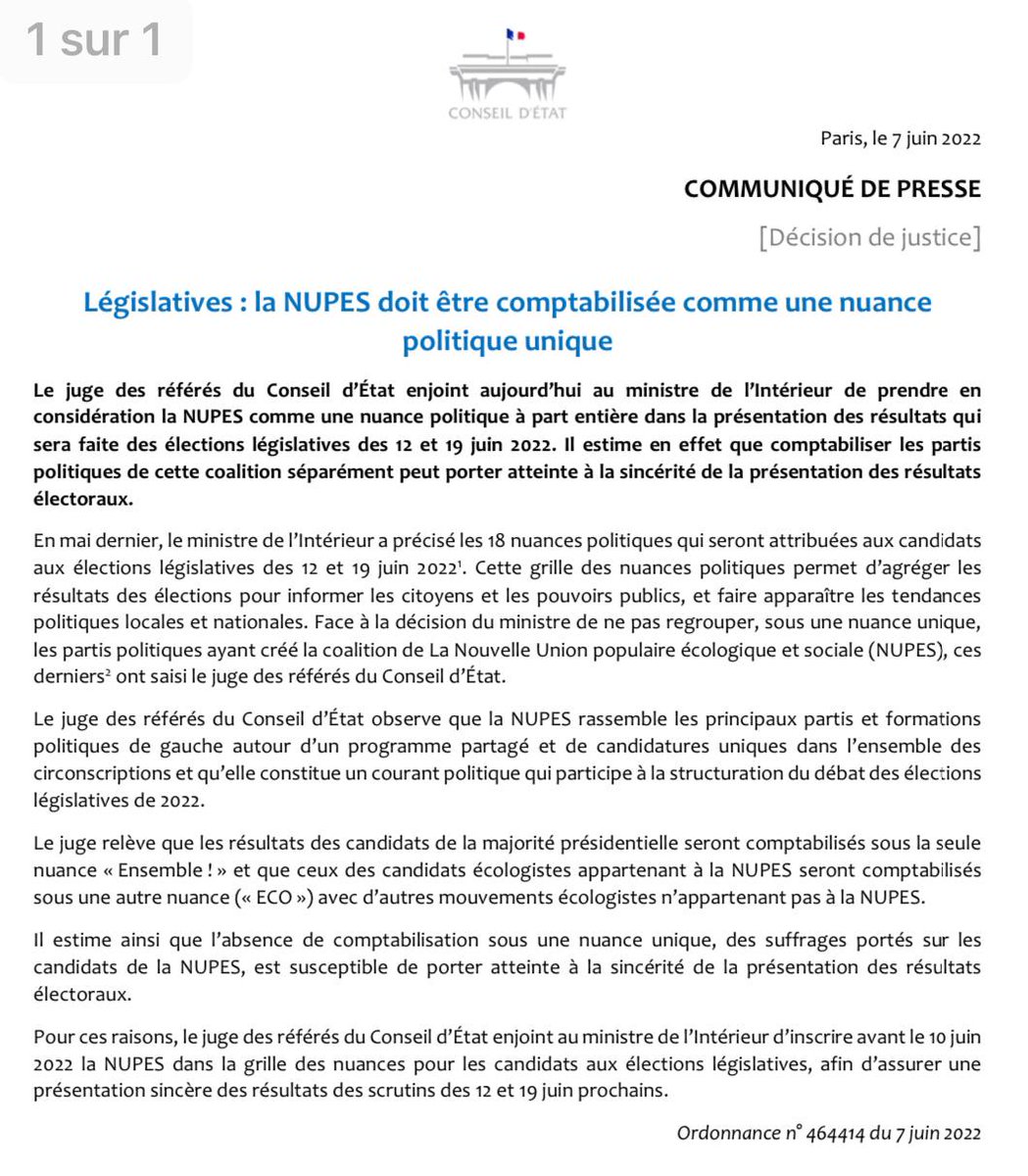 Victoire. Le Conseil d'État valide l'obligation pour Darmanin de nous nommer et de nous décompter comme #NUPES pour les élections législatives. Darmanin et Macron doivent cesser leurs bidouilles et manigances.
